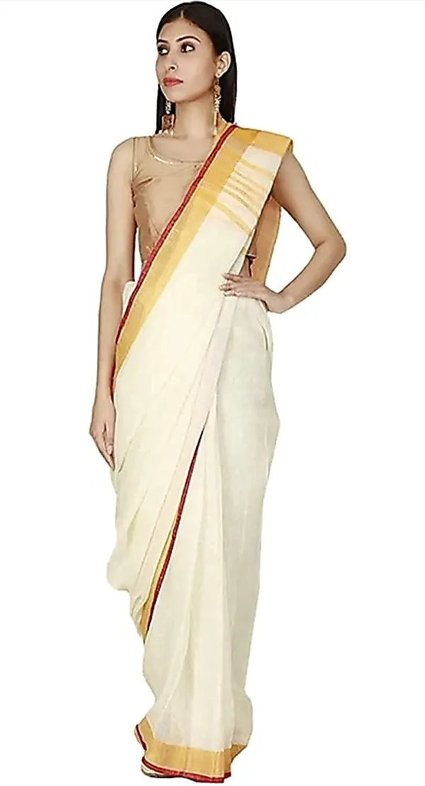Cream_Linen_Slub_Saree_Wih_Contrast_Blouse_Piece_For_Women
