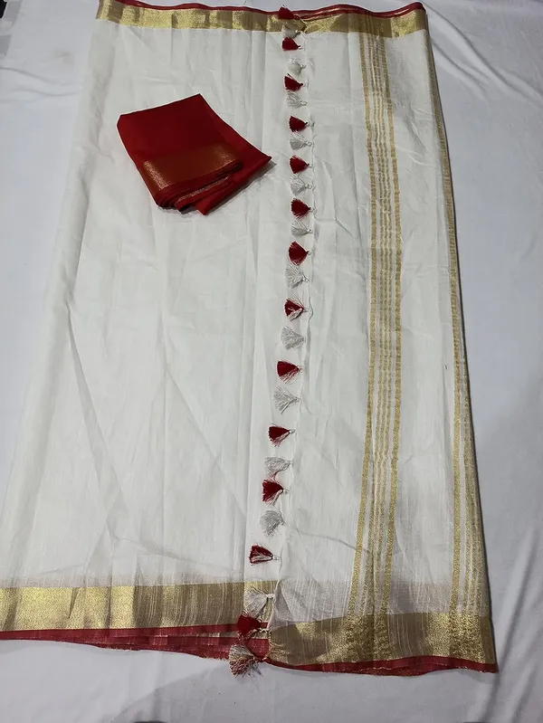 White_Linen_Slub_White_Color_Saree_With_Contrast_Blouse_Piece_For_Women