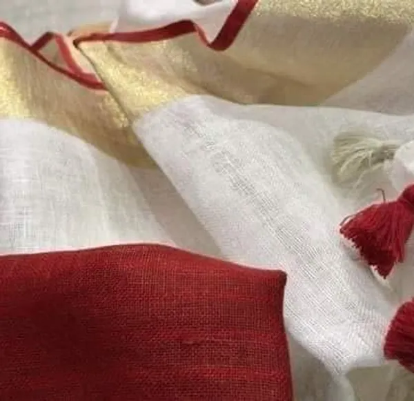 White_Linen_Slub_White_Color_Saree_With_Contrast_Blouse_Piece_For_Women