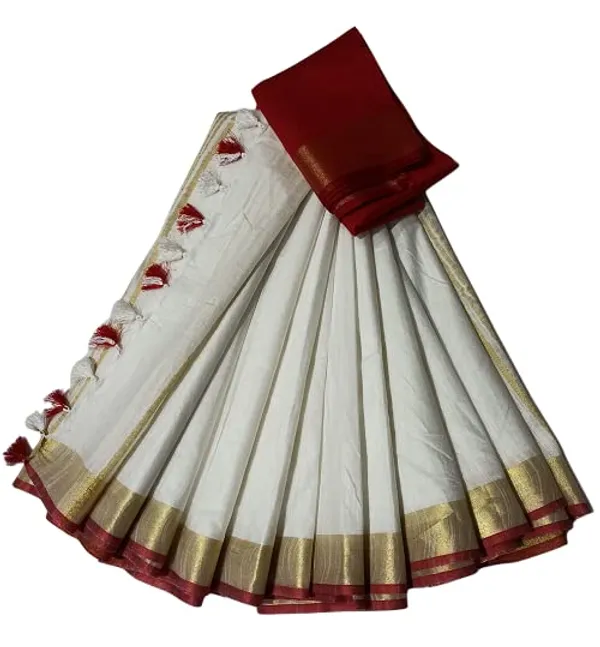 White_Linen_Slub_White_Color_Saree_With_Contrast_Blouse_Piece_For_Women