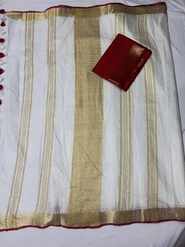 White_Linen_Slub_White_Color_Saree_With_Contrast_Blouse_Piece_For_Women