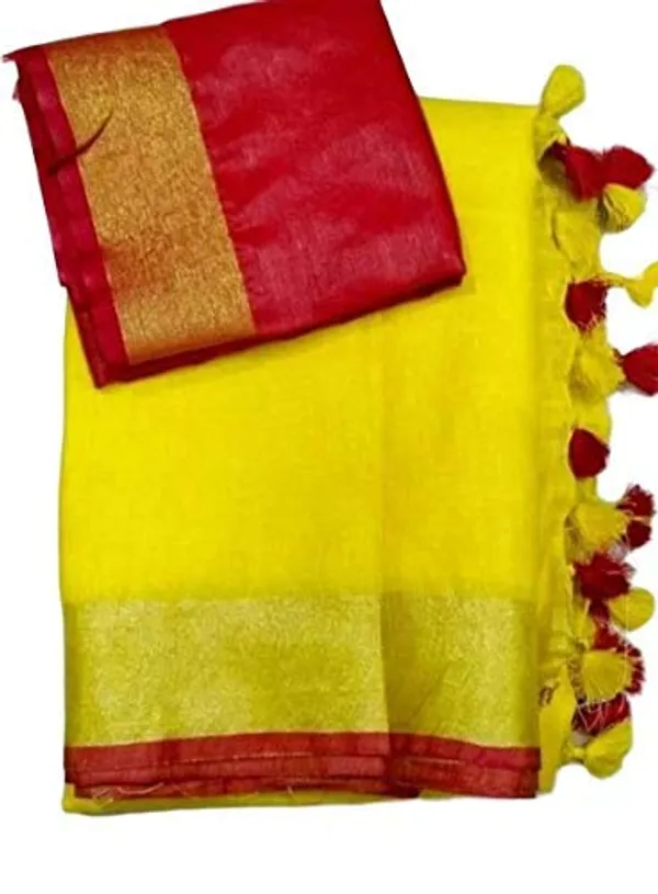 Yellow_Linen_Slub_Saree_Wih_Contrast_Blouse_Piece_For_Women