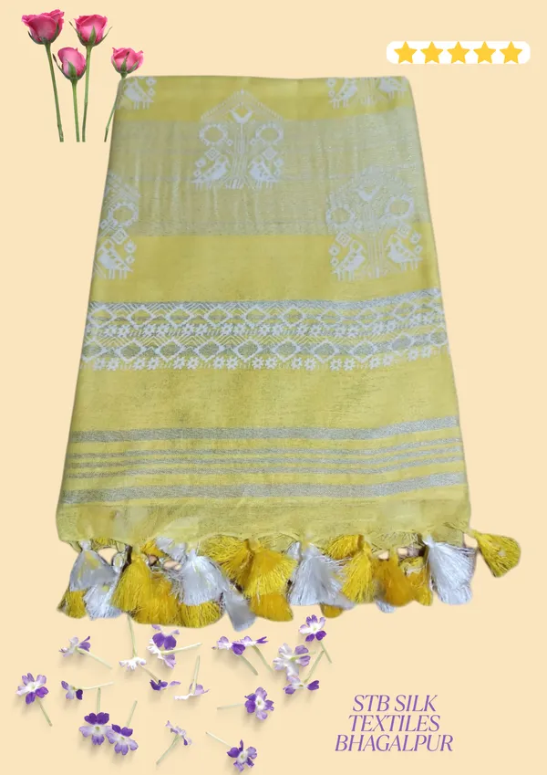 Yellow_Bhagalpuri_Khari/Block_Print_Linen_Slub_Saree_With_Runnig_Blouse_Piece_For_Women