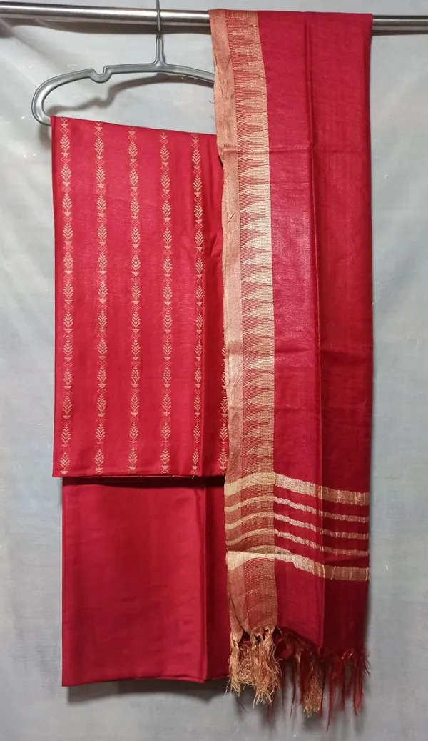 Red_Cotton_Silk_Bhagalpuri_Handloom_Weaving_Unstitched_Salwar_Suit_Dress_Material_With_Dupatta._For_Women