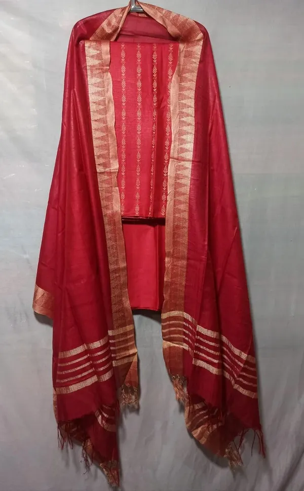 Red_Cotton_Silk_Bhagalpuri_Handloom_Weaving_Unstitched_Salwar_Suit_Dress_Material_With_Dupatta._For_Women