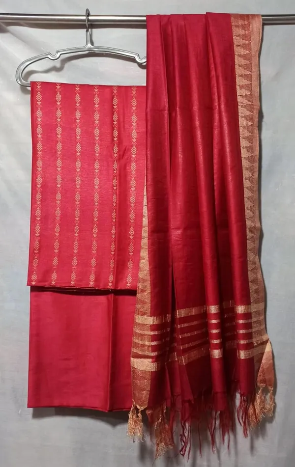 Red_Cotton_Silk_Bhagalpuri_Handloom_Weaving_Unstitched_Salwar_Suit_Dress_Material_With_Dupatta._For_Women