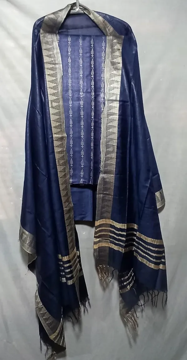 Blue_Cotton_Silk_Bhagalpuri_Handloom_Weaving_Unstitched_Salwar_Suit_Dress_Material_With_Dupatta._For_Women