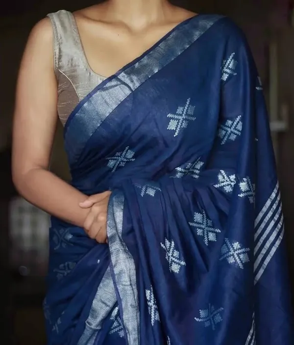 Blue_Handwoven_Threads_Weaving_Semi_Tussar_Soft_Silk_Saree_With_Running_Blouse_Piece_For_Women