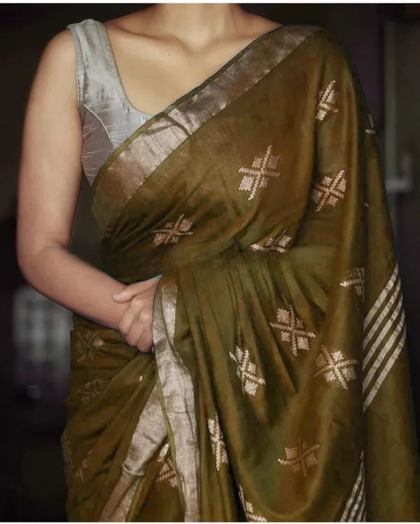 Mehendi_Handwoven_Threads_Weaving_Semi_Tussar_Soft_Silk_Saree_With_Running_Blouse_Piece_For_Women