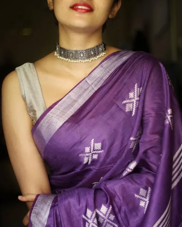 Purple_Handwoven_Threads_Weaving_Semi_Tussar_Soft_Silk_Saree_With_Running_Blouse_Piece_For_Women