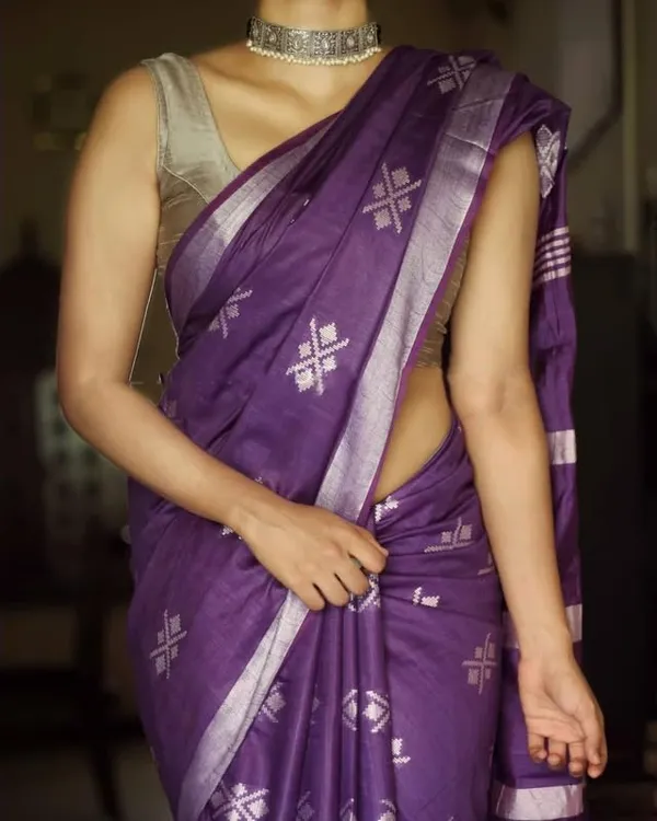 Purple_Handwoven_Threads_Weaving_Semi_Tussar_Soft_Silk_Saree_With_Running_Blouse_Piece_For_Women