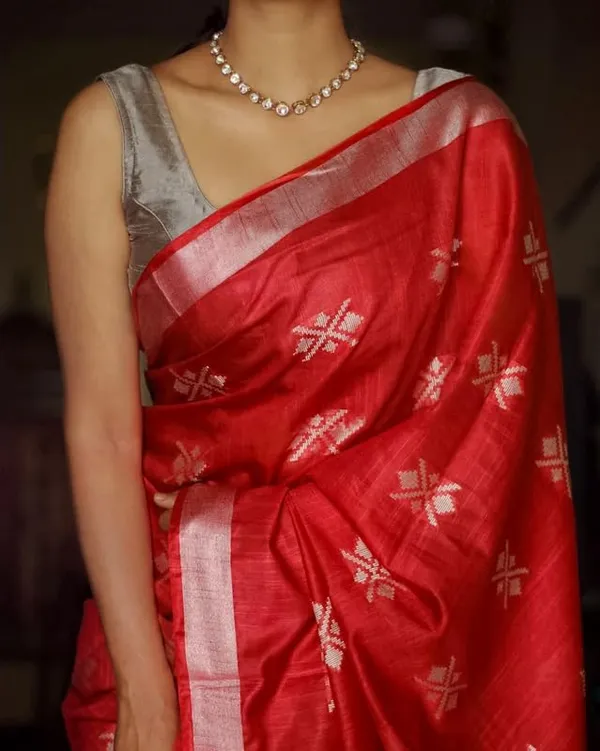 Red_Handwoven_Threads_Weaving_Semi_Tussar_Soft_Silk_Saree_With_Running_Blouse_Piece_For_Women