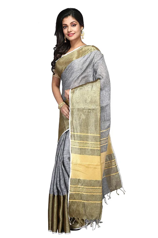 Grey_Linen_Saree_Grey_Color_With_Silver_Zari_Border_With_Unstitched_Running_Blouse_Piece_For_Women