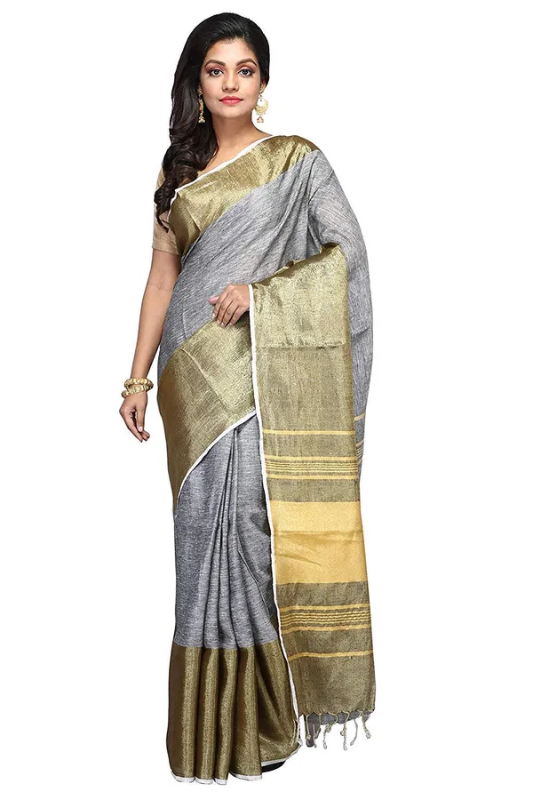 Grey_Linen_Saree_Grey_Color_With_Silver_Zari_Border_With_Unstitched_Running_Blouse_Piece_For_Women