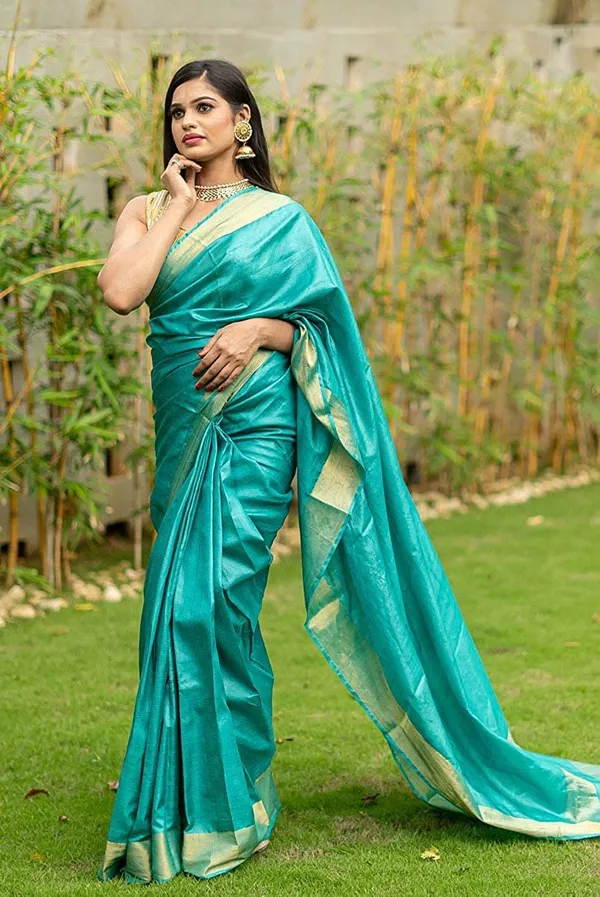 Green_Bhagalpuri_Linen_Silk_Saree_With_Unstitched_Blouse_Piece_For_Women