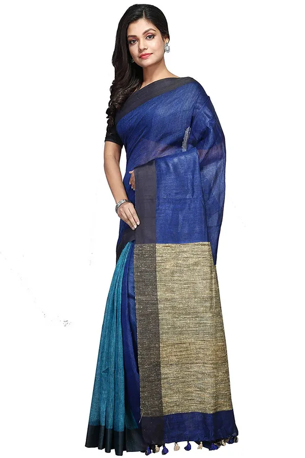 Blue_Firozy_Firozy_And_Blue_Combinatin_Linen_Saree_With_Unstiched_Blouse_Piece_And_Ghiha_Pallu_For_Women