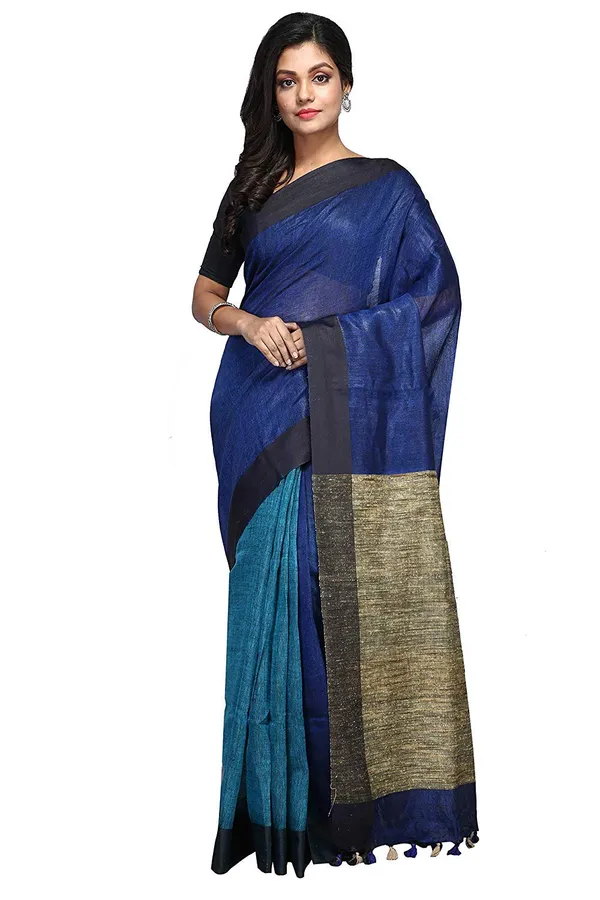Blue_Firozy_Firozy_And_Blue_Combinatin_Linen_Saree_With_Unstiched_Blouse_Piece_And_Ghiha_Pallu_For_Women
