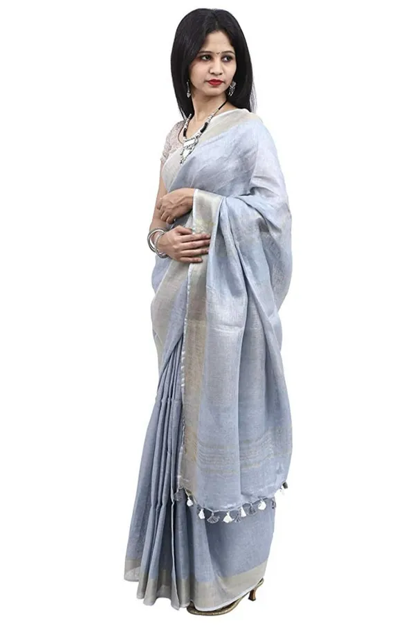 Grey_Plain_Weave_Linen_Saree_With_Unstitched_Blouse_Piece_For_Women