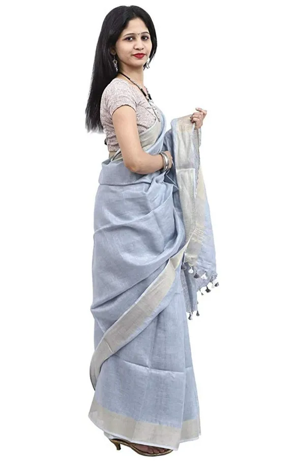 Grey_Plain_Weave_Linen_Saree_With_Unstitched_Blouse_Piece_For_Women