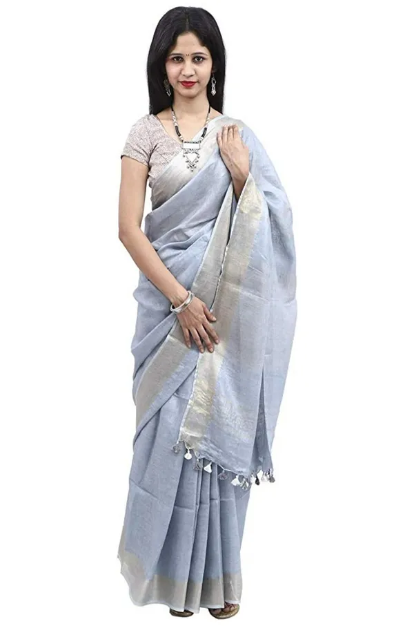 Grey_Plain_Weave_Linen_Saree_With_Unstitched_Blouse_Piece_For_Women