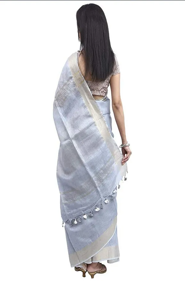 Grey_Plain_Weave_Linen_Saree_With_Unstitched_Blouse_Piece_For_Women