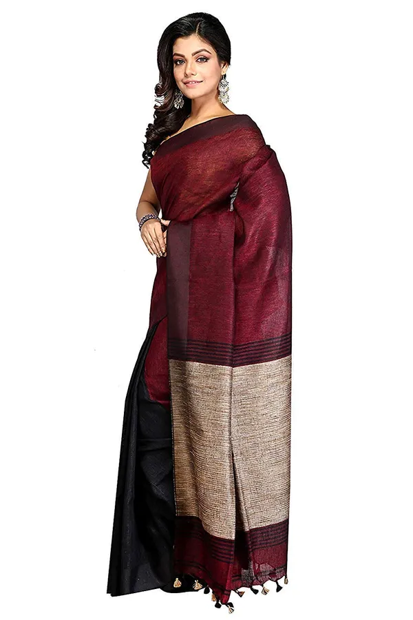 Maroon_&_Black_Linen_Saree_With_Blouse_Piece_For_Women
