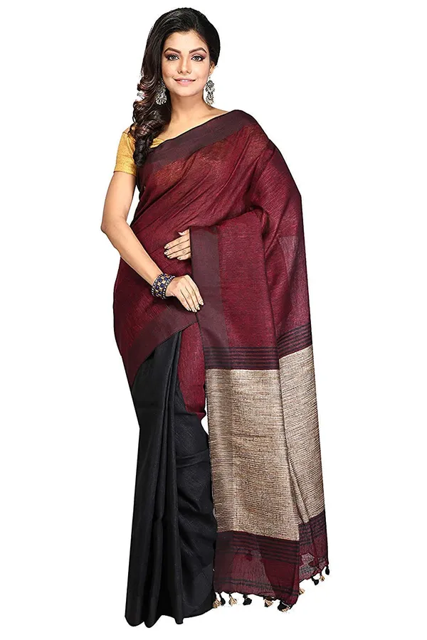 Maroon_&_Black_Linen_Saree_With_Blouse_Piece_For_Women