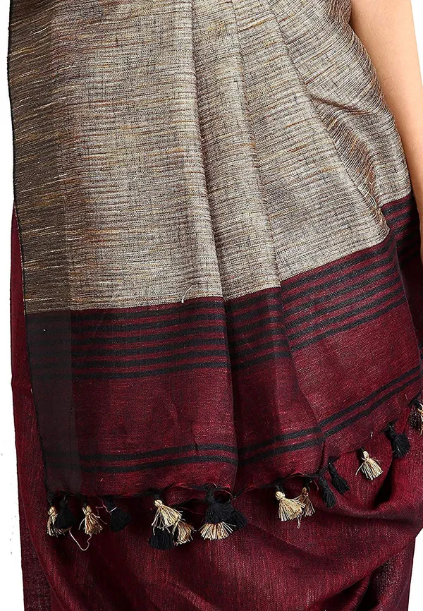 Maroon_&_Black_Linen_Saree_With_Blouse_Piece_For_Women