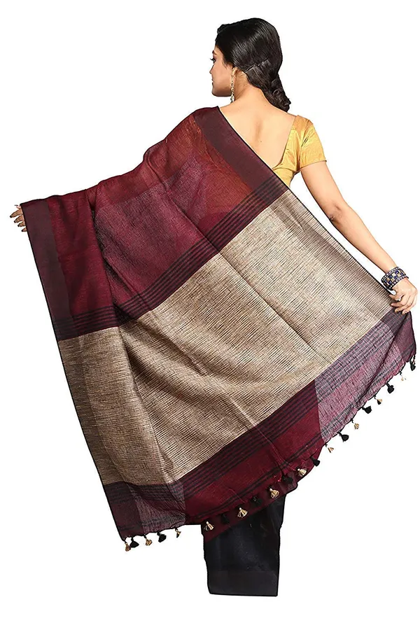 Maroon_&_Black_Linen_Saree_With_Blouse_Piece_For_Women