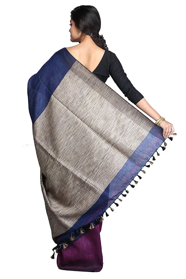 Blue_&_Maroon_With_Ghicha_Pallu_Plain_Linen_Saree_With_Unstiched_Blouse_Piece_Hnadloom_Weaving._For_Women
