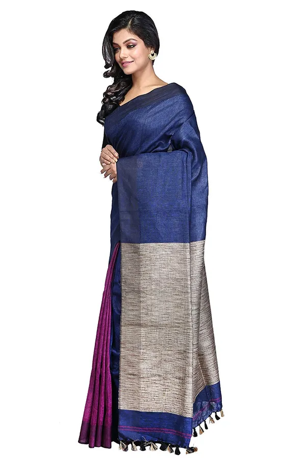 Blue_&_Maroon_With_Ghicha_Pallu_Plain_Linen_Saree_With_Unstiched_Blouse_Piece_Hnadloom_Weaving._For_Women