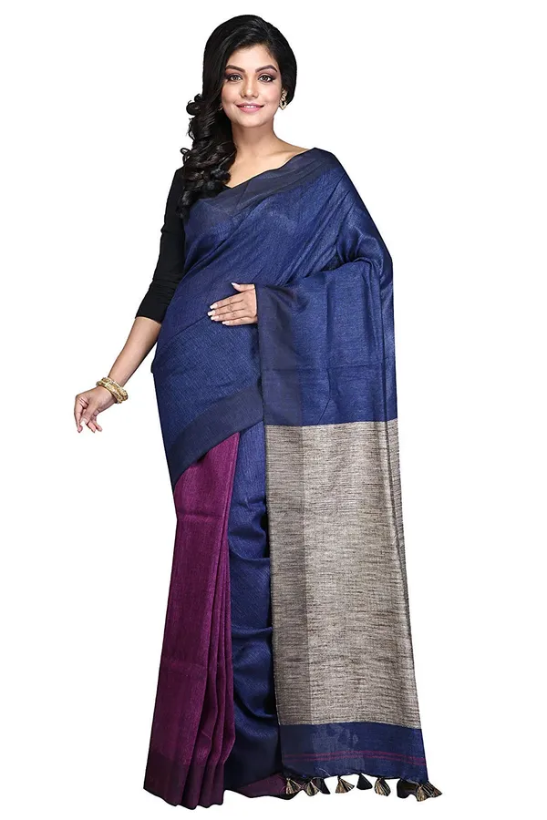 Blue_&_Maroon_With_Ghicha_Pallu_Plain_Linen_Saree_With_Unstiched_Blouse_Piece_Hnadloom_Weaving._For_Women