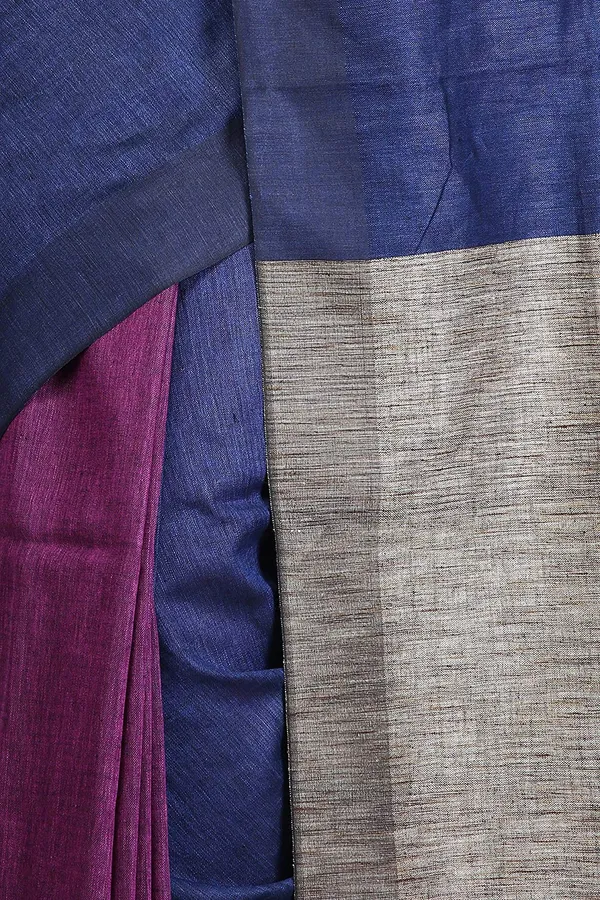Blue_&_Maroon_With_Ghicha_Pallu_Plain_Linen_Saree_With_Unstiched_Blouse_Piece_Hnadloom_Weaving._For_Women