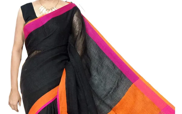 Black_Black_Color_Pure_Linen_Saree_With_Running_Blouse_Piece_For_Women