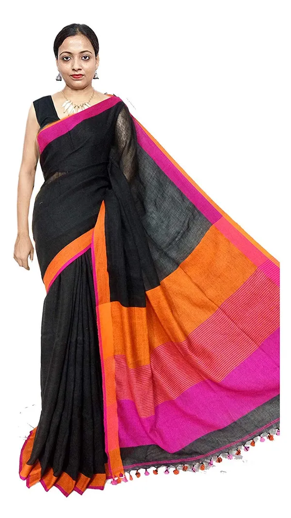 Black_Black_Color_Pure_Linen_Saree_With_Running_Blouse_Piece_For_Women