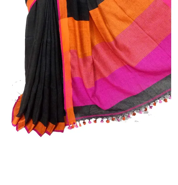 Black_Black_Color_Pure_Linen_Saree_With_Running_Blouse_Piece_For_Women