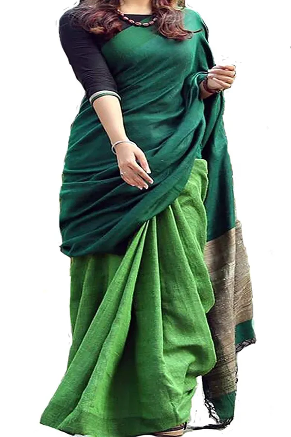 Green_Linen_Bhagalpuri_Saree_With_Blouse_Piece_For_Women