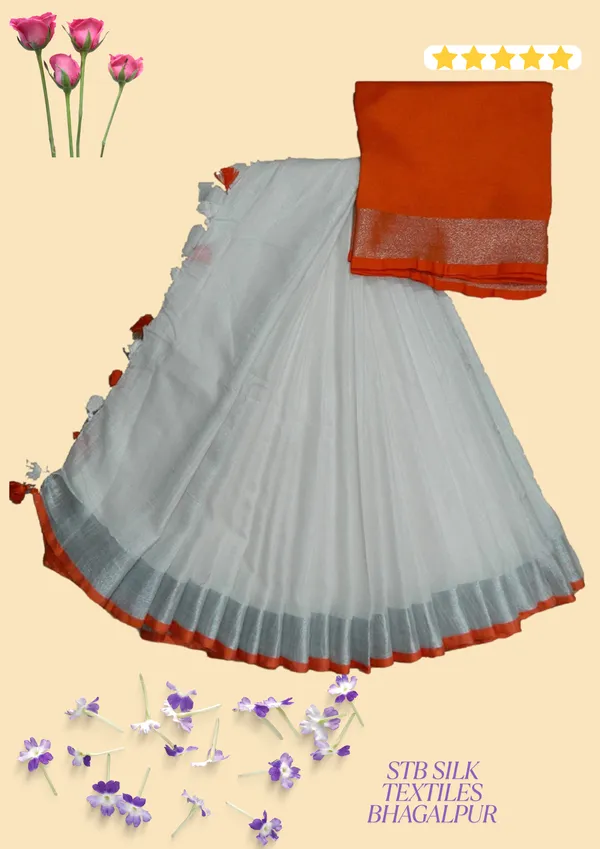White_Linen_Slub_White_Color_Saree_With_Contrast_Blouse_Piece_For_Women