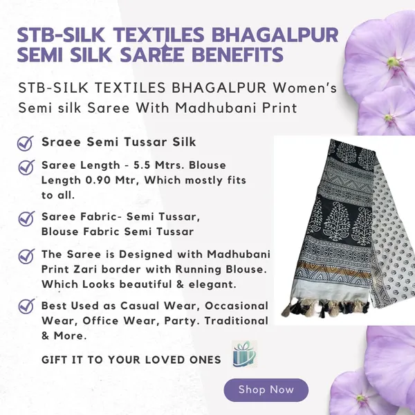 Black_Black_Madhubani_Print_Semi_Tussar_Soft_Silk_Saree_With_Atteched_Blouse_Piece_For_Women