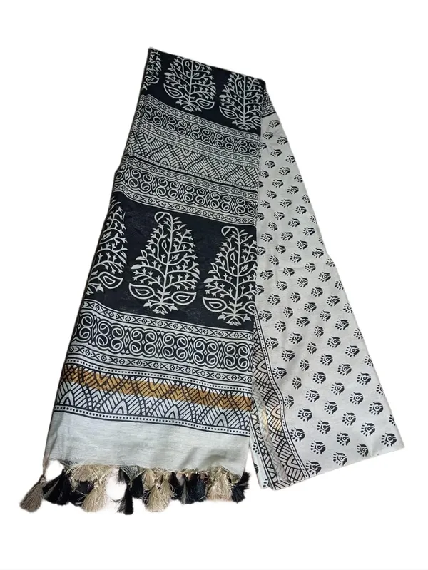 Black_Black_Madhubani_Print_Semi_Tussar_Soft_Silk_Saree_With_Atteched_Blouse_Piece_For_Women