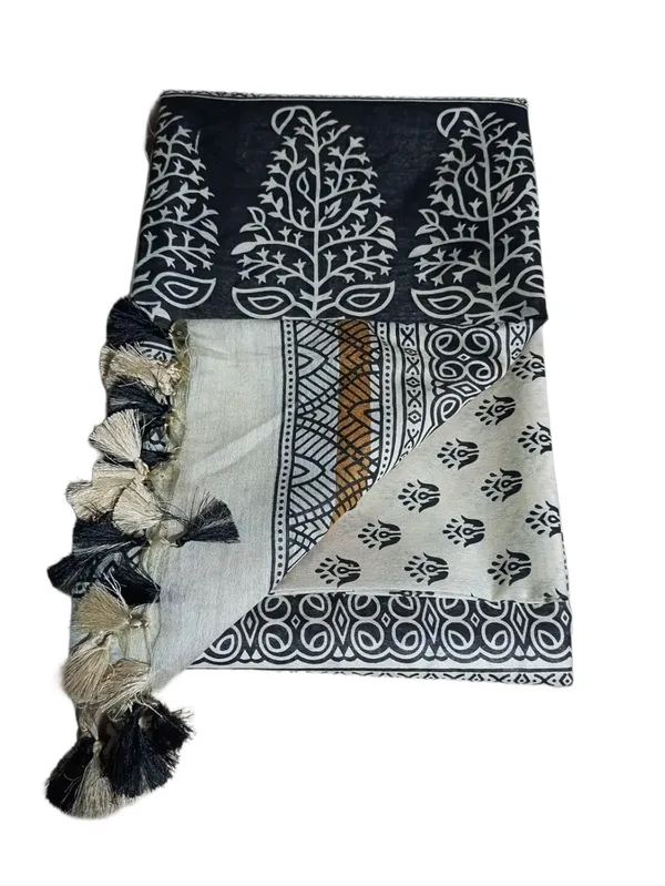 Black_Black_Madhubani_Print_Semi_Tussar_Soft_Silk_Saree_With_Atteched_Blouse_Piece_For_Women