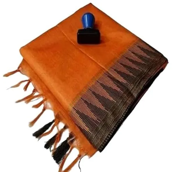 Orange_Semi_Tussar_Silk_Temple_Border_Saree_With_Stripe_Blouse_Attached,_Color_&_Variations._For_Women