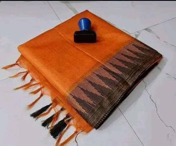 Orange_Semi_Tussar_Silk_Temple_Border_Saree_With_Stripe_Blouse_Attached,_Color_&_Variations._For_Women