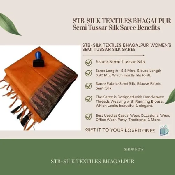 Orange_Semi_Tussar_Silk_Temple_Border_Saree_With_Stripe_Blouse_Attached,_Color_&_Variations._For_Women