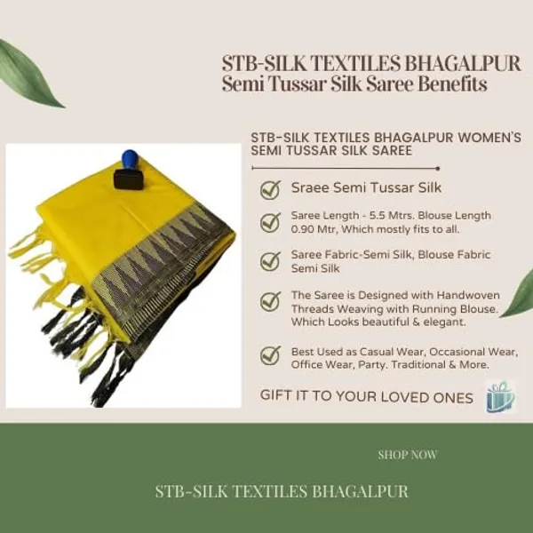 Yellow_Semi_Tussar_Silk_Temple_Border_Saree_With_Stripe_Blouse_Attached,_Color_&_Variations._For_Women