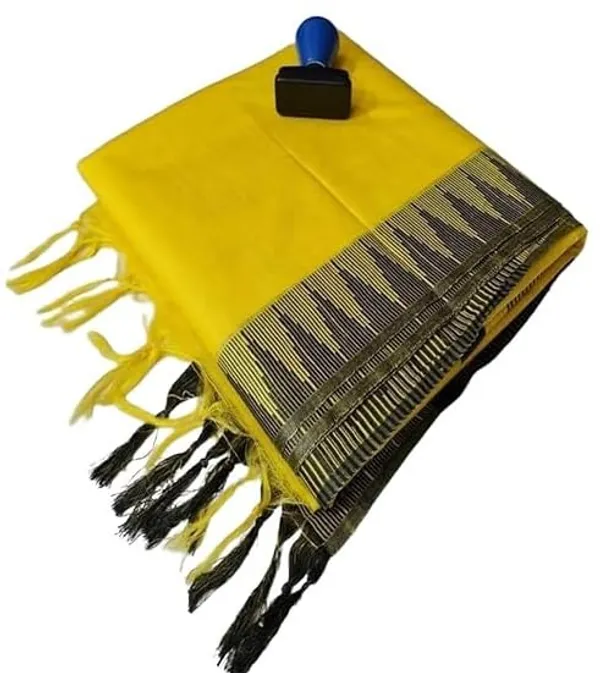Yellow_Semi_Tussar_Silk_Temple_Border_Saree_With_Stripe_Blouse_Attached,_Color_&_Variations._For_Women