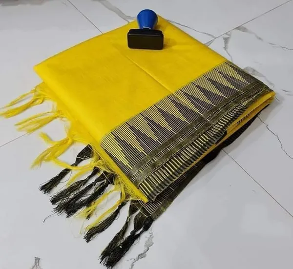Yellow_Semi_Tussar_Silk_Temple_Border_Saree_With_Stripe_Blouse_Attached,_Color_&_Variations._For_Women