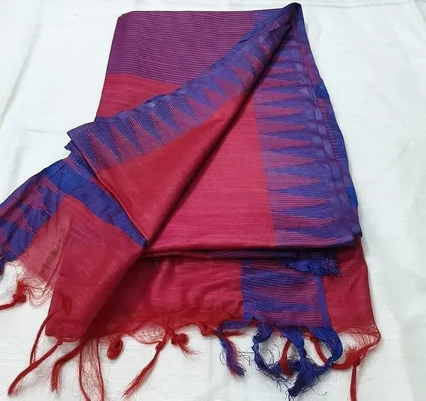 Pink_Semi_Tussar_Silk_Temple_Border_Saree_With_Stripe_Blouse_Attached,_Color_&_Variations._For_Women