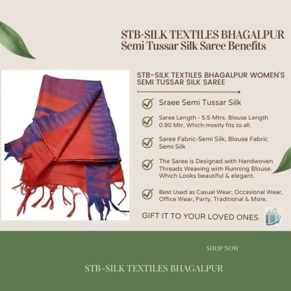 Red_Semi_Tussar_Silk_Temple_Border_Saree_With_Stripe_Blouse_Attached,_Color_&_Variations._For_Women