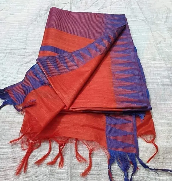 Red_Semi_Tussar_Silk_Temple_Border_Saree_With_Stripe_Blouse_Attached,_Color_&_Variations._For_Women